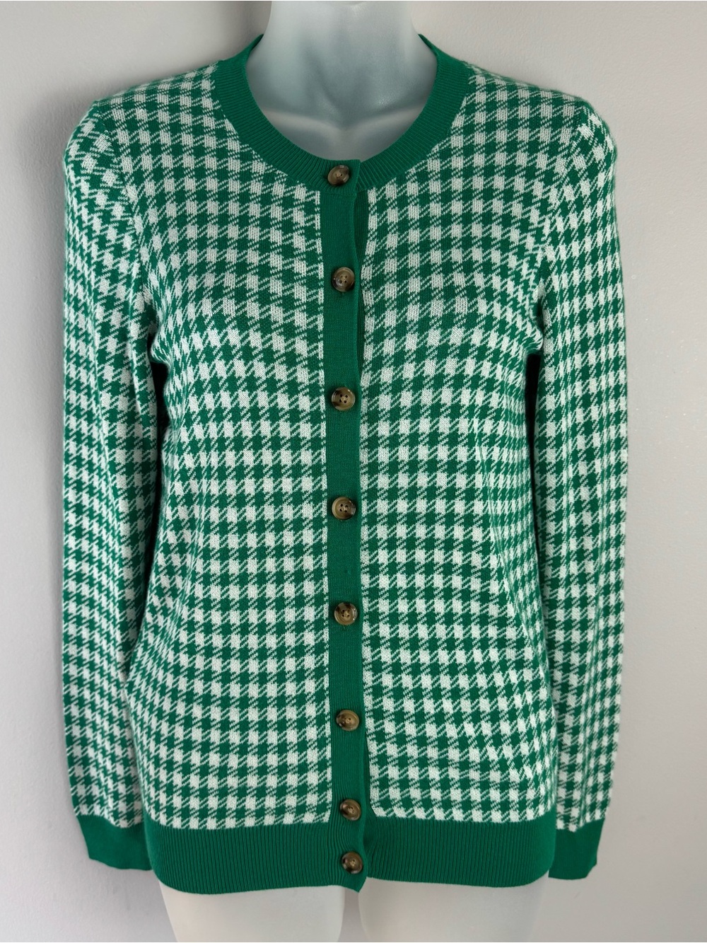NWT Ann Taylor Green and White Houndstooth Button-Front Cardigan Size XXSP